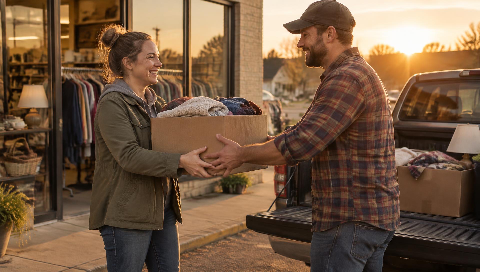 Volunteers carrying boxes of donated goods outside the thrift store at sunset